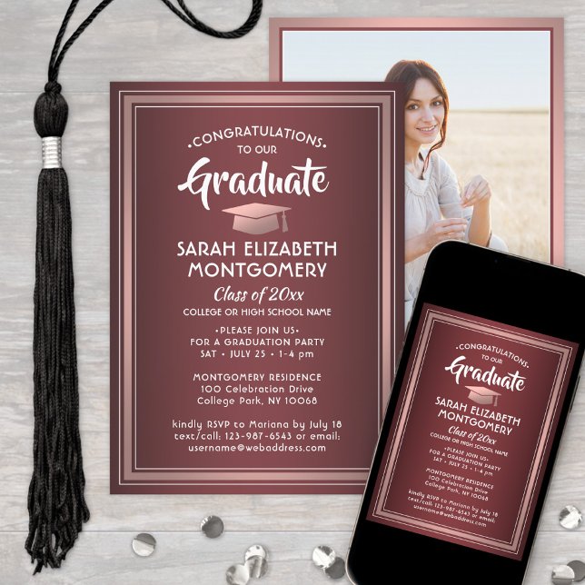 1 Photo Elegant Burgundy and Pink Ombre Graduation Invitation (Creator Uploaded)