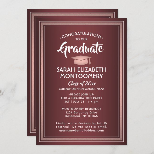 1 Photo Elegant Burgundy Pink Rose Gold Graduation Invitation (Front/Back)