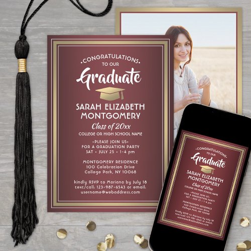 1 Photo Elegant Burgundy Red and Gold Graduation