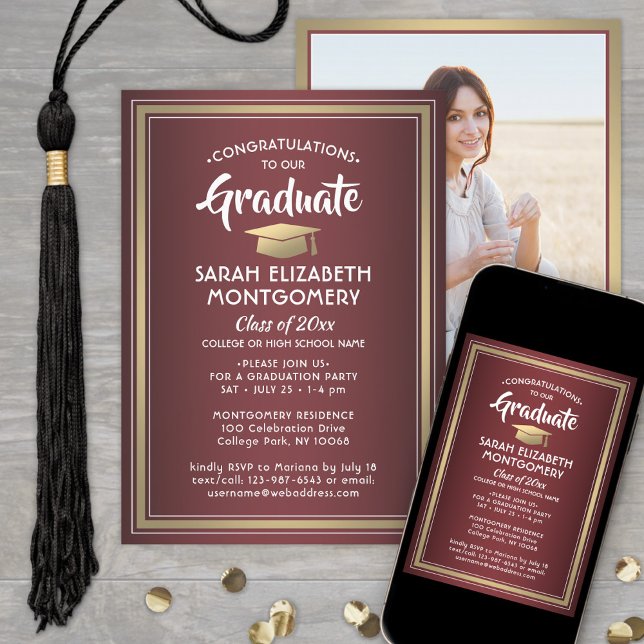 1 Photo Elegant Burgundy Red and Gold Graduation Invitation (Creator Uploaded)