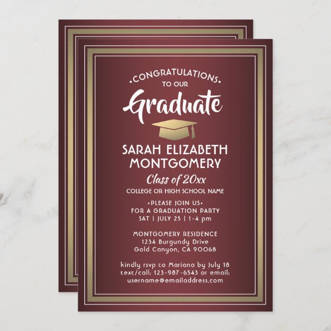 1 Photo Elegant Burgundy Red and Gold Graduation Invitation (Front/Back)