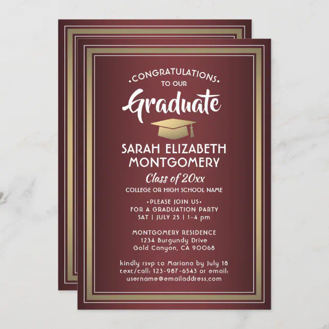 1 Photo Elegant Burgundy Red and Gold Graduation Invitation | Zazzle