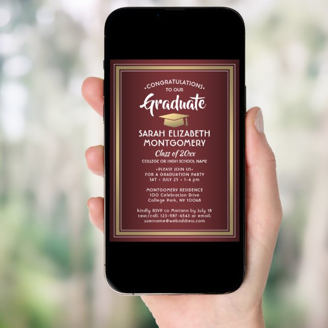1 Photo Elegant Burgundy Red and Gold Graduation Invitation (Front Digital)