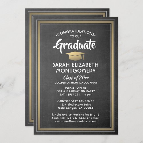 1 Photo Elegant Chalkboard Black  Gold Graduation Invitation