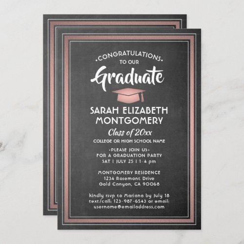1 Photo Elegant Chalkboard  Rose Gold Graduation Invitation