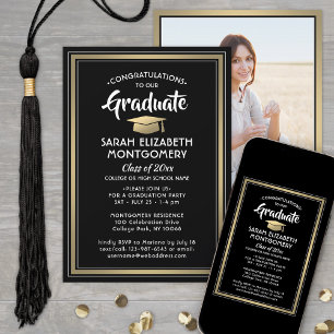 1 Photo Elegant Congrats Black and Gold Graduation Invitation