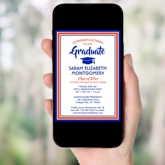 1 Photo Elegant Congrats Orange & Blue Graduation Invitation (Front Digital)