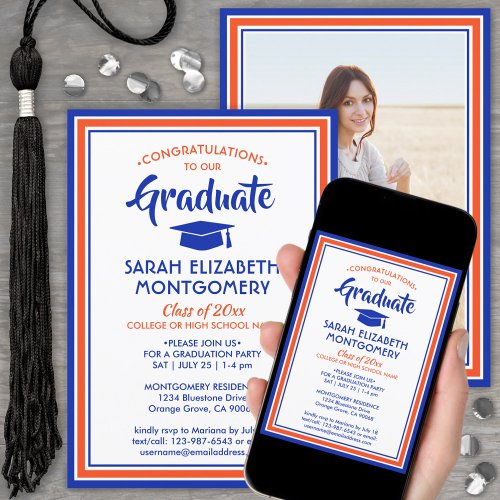 1 Photo Elegant Congrats Orange  Blue Graduation Invitation