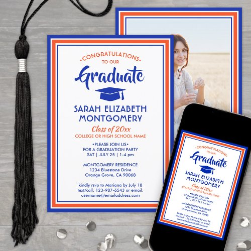1 Photo Elegant Congrats Orange & Blue Graduation