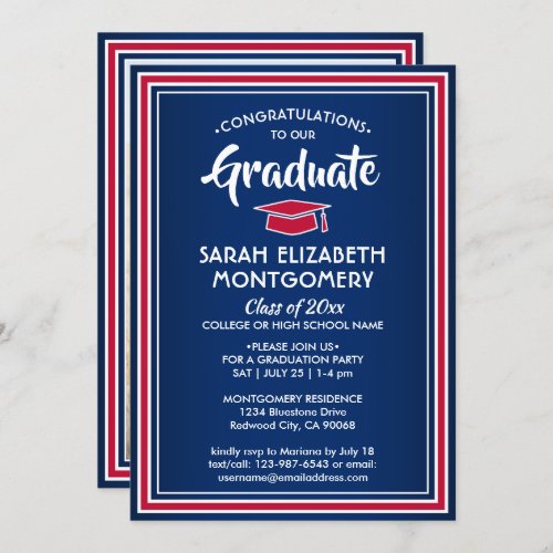 1 Photo Elegant Congrats Red White Blue Graduation Invitation