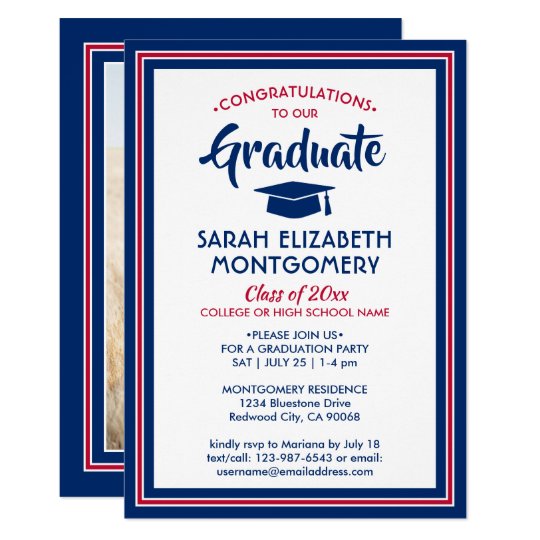 1 Photo Elegant Congrats Red White Blue Graduation Invitation | Zazzle.com