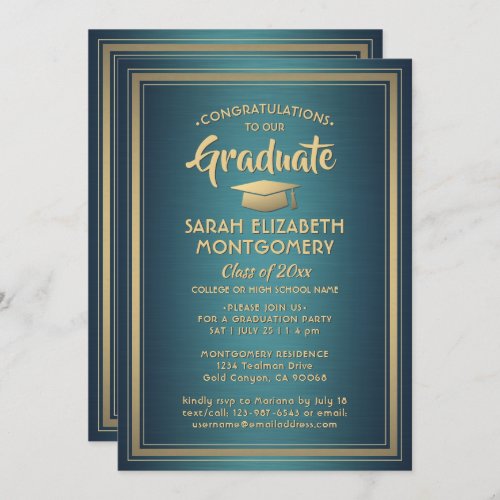 1 Photo Elegant Congrats Teal and Gold Graduation Invitation