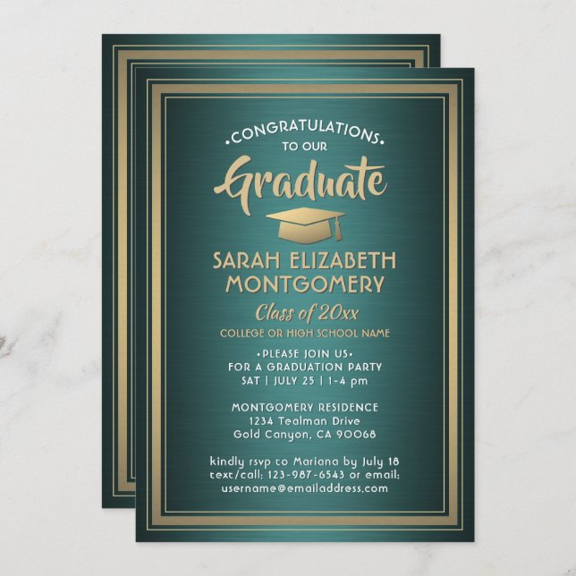 1 Photo Elegant Green Gold and White Graduation Invitation (Front/Back)