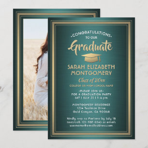 1 Photo Elegant Green Gold and White Graduation Invitation