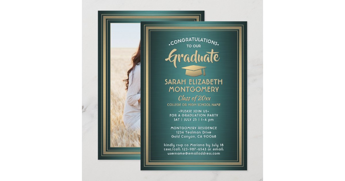 1 Photo Elegant Green Gold and White Graduation Invitation | Zazzle