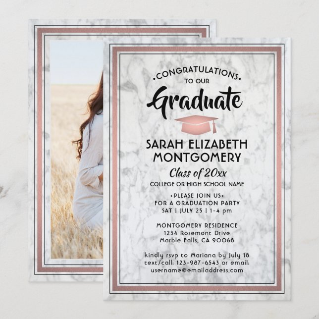 1 Photo Elegant Marble & Pink Rose Gold Graduation Invitation (Front/Back)