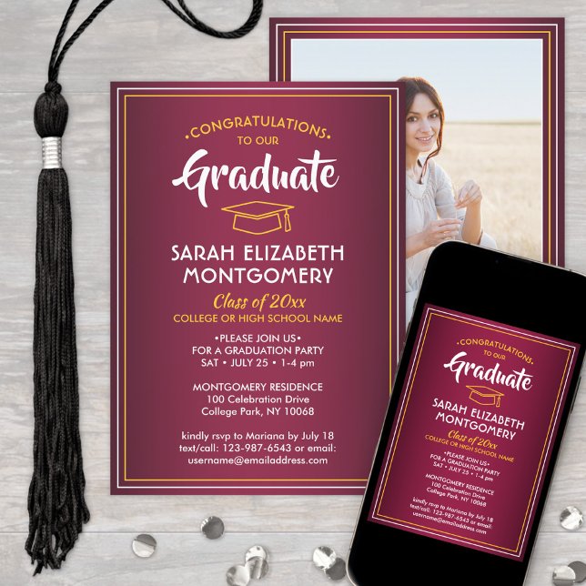 1 Photo Elegant Maroon Red Gold Yellow Graduation Invitation (Creator Uploaded)