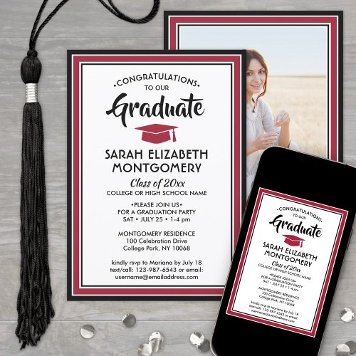 1 Photo Elegant Modern Red Black White Graduation Invitation