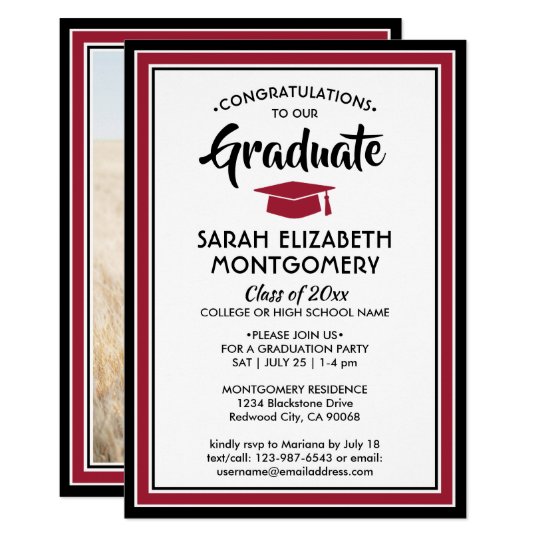 1 Photo Elegant Modern Red Black White Graduation Invitation | Zazzle.com