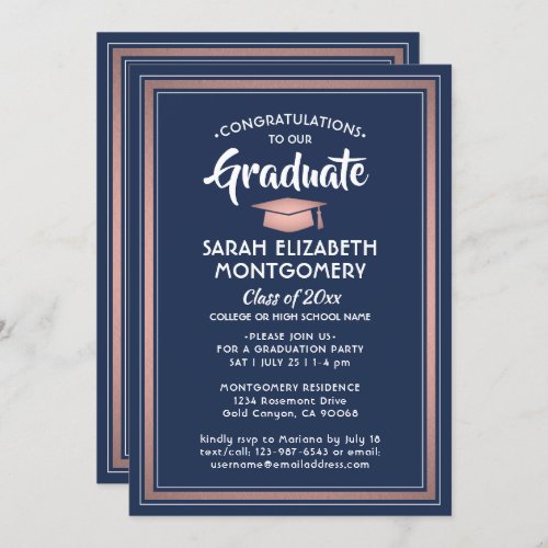 1 Photo Elegant Navy and Pink Rose Gold Graduation Invitation