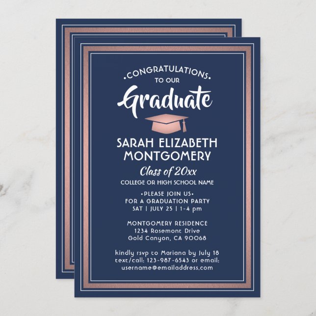 1 Photo Elegant Navy and Pink Rose Gold Graduation Invitation (Front/Back)