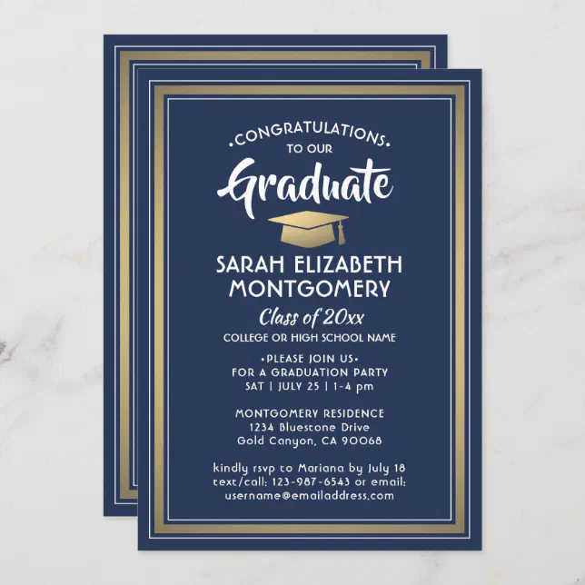 1 Photo Elegant Navy Blue Gold & White Graduation Invitation | Zazzle