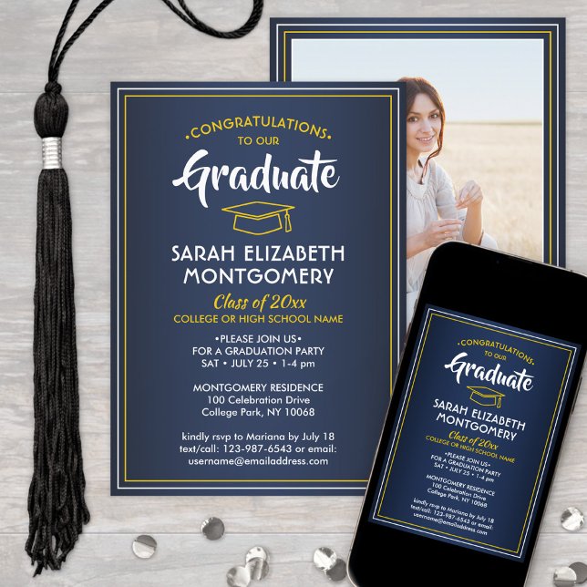 1 Photo Elegant Navy Blue Gold Yellow Graduation Invitation (Creator Uploaded)