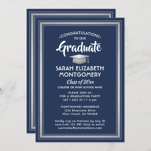 1 Photo Elegant Navy Blue White Silver Graduation Invitation