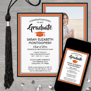 1 Photo Elegant Orange Black and White Graduation Invitation