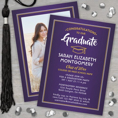 1 Photo Elegant Purple Gold Yellow Graduation Invitation