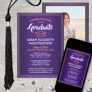 1 Photo Elegant Purple Gold Yellow Graduation Invitation