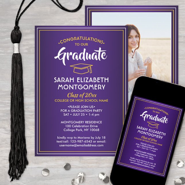 1 Photo Elegant Purple Gold Yellow Graduation Invitation (Creator Uploaded)
