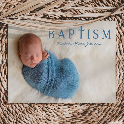 1 Photo Elegant Religious Blue Boy Baptism  Invitation