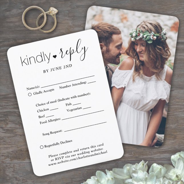 1 Photo Elegant Simple Script Kindly Reply Wedding RSVP Card (Creator Uploaded)