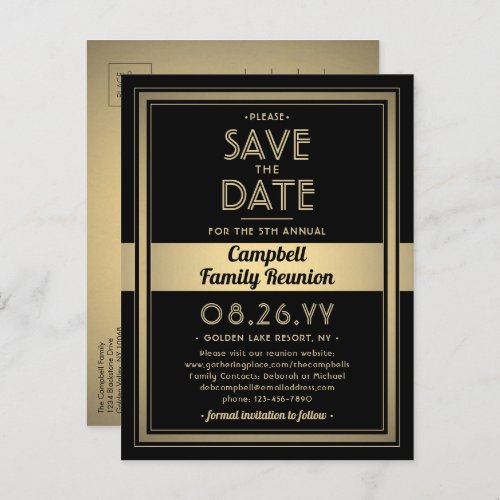 1 Photo Family Reunion Save the Date Black  Gold Announcement Postcard
