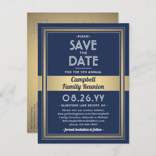 1 Photo Family Reunion Save the Date Blue and Gold Announcement Postcard