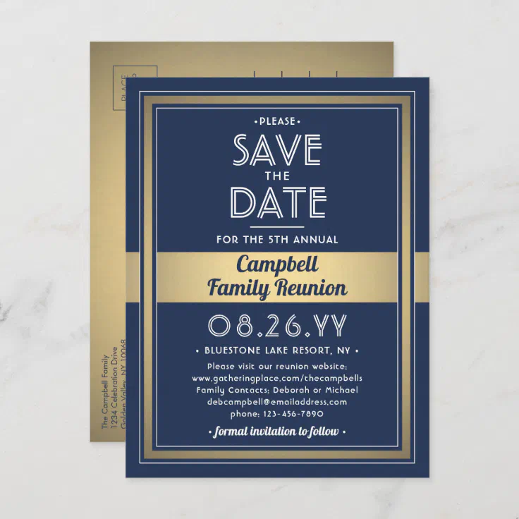 1 Photo Family Reunion Save the Date Blue and Gold Announcement