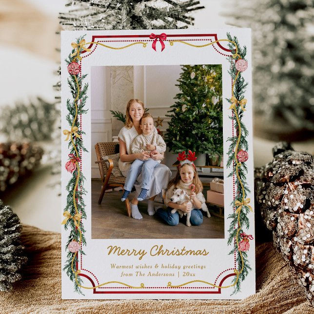 1 Photo Festive Christmas Botanical Foliage & Bows Holiday Card (Creator Uploaded)