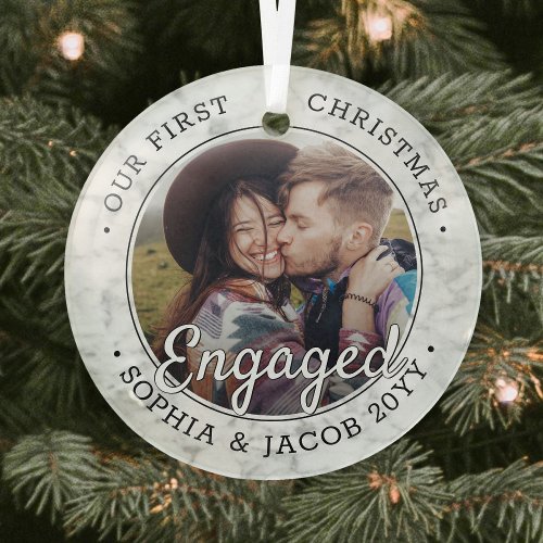 1 Photo First Christmas Engaged Faux Marble Round Glass Ornament