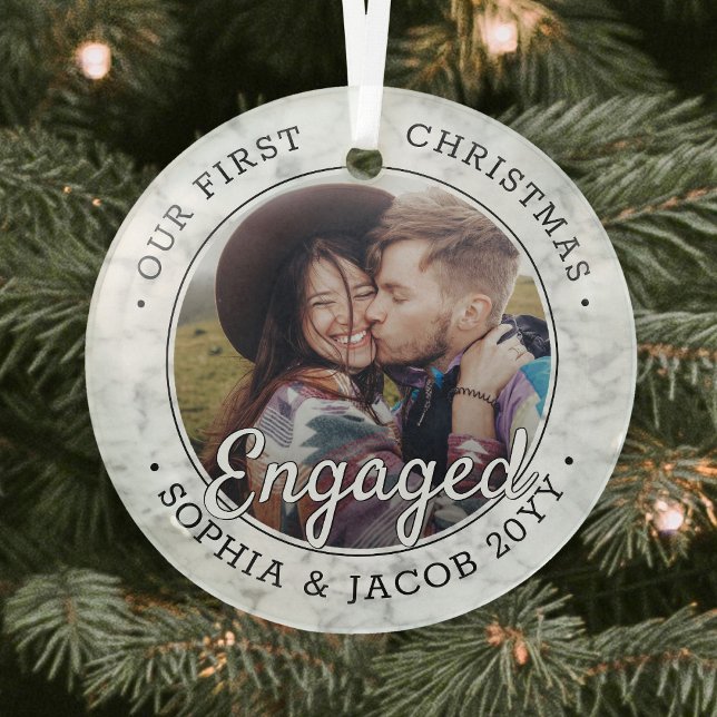1 Photo First Christmas Engaged Faux Marble Round Glass Ornament (Creator Uploaded)