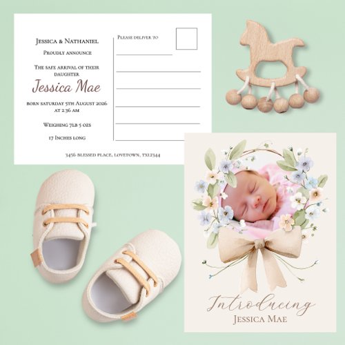 1 Photo Floral Wreath Birth Announcement Postcard