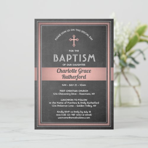 1 Photo Girl Baptism Chalkboard and Pink Rose Gold Invitation