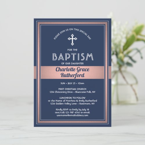 1 Photo Girl Baptism Navy Blue and Pink Rose Gold Invitation