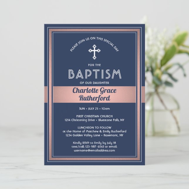 1 Photo Girl Baptism Navy Blue and Pink Rose Gold Invitation (Standing Front)