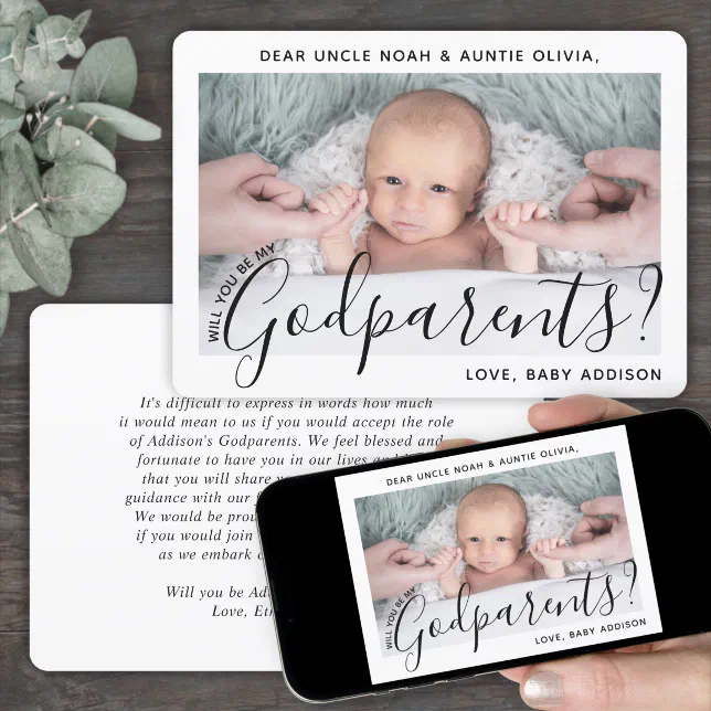 1 Photo Godparents Proposal Modern Elegant Script Invitation | Zazzle