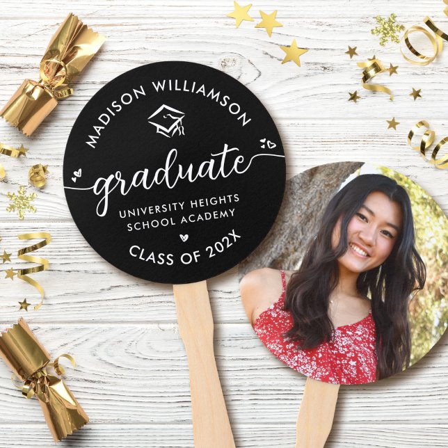 1 Photo Graduation Black Modern Script Hearts Cap Hand Fan (Creator Uploaded)