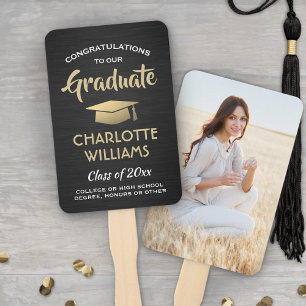 1 Photo Graduation Brushed Black Gold and White Hand Fan