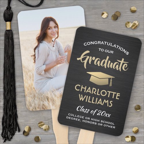 1 Photo Graduation Brushed Black Gold and White Hand Fan