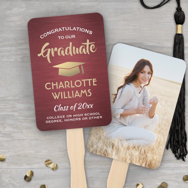 1 Photo Graduation Brushed Burgundy Red Gold White Hand Fan (Creator Uploaded)