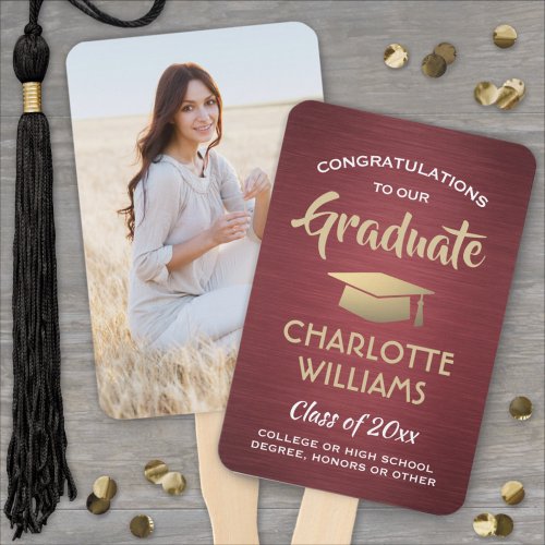 1 Photo Graduation Brushed Burgundy Red Gold White Hand Fan